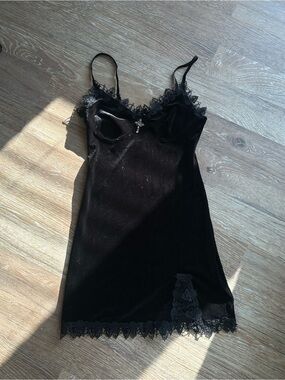 Black Lace-Trim Velvet Slip Dress